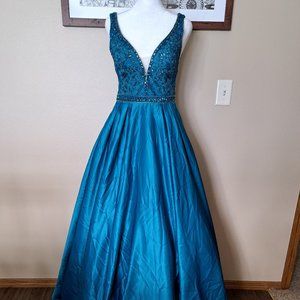 Coya Collection Dark Turquoise Beaded Bodice Ball Gown